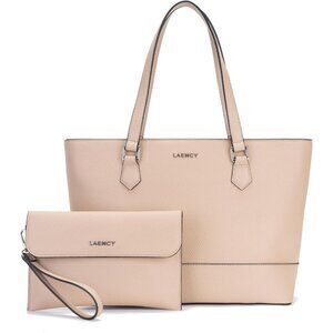 Taupe Women's Large Capacity Faux Leather Tote Bag with Zipper Closure & Matchin